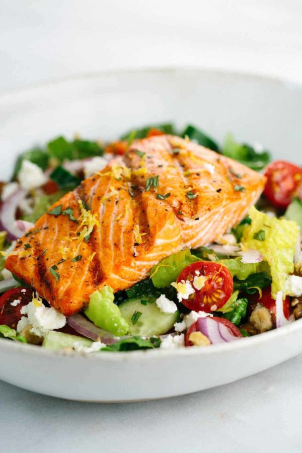 Greek Salmon Salad with Lemon Basil Dressing