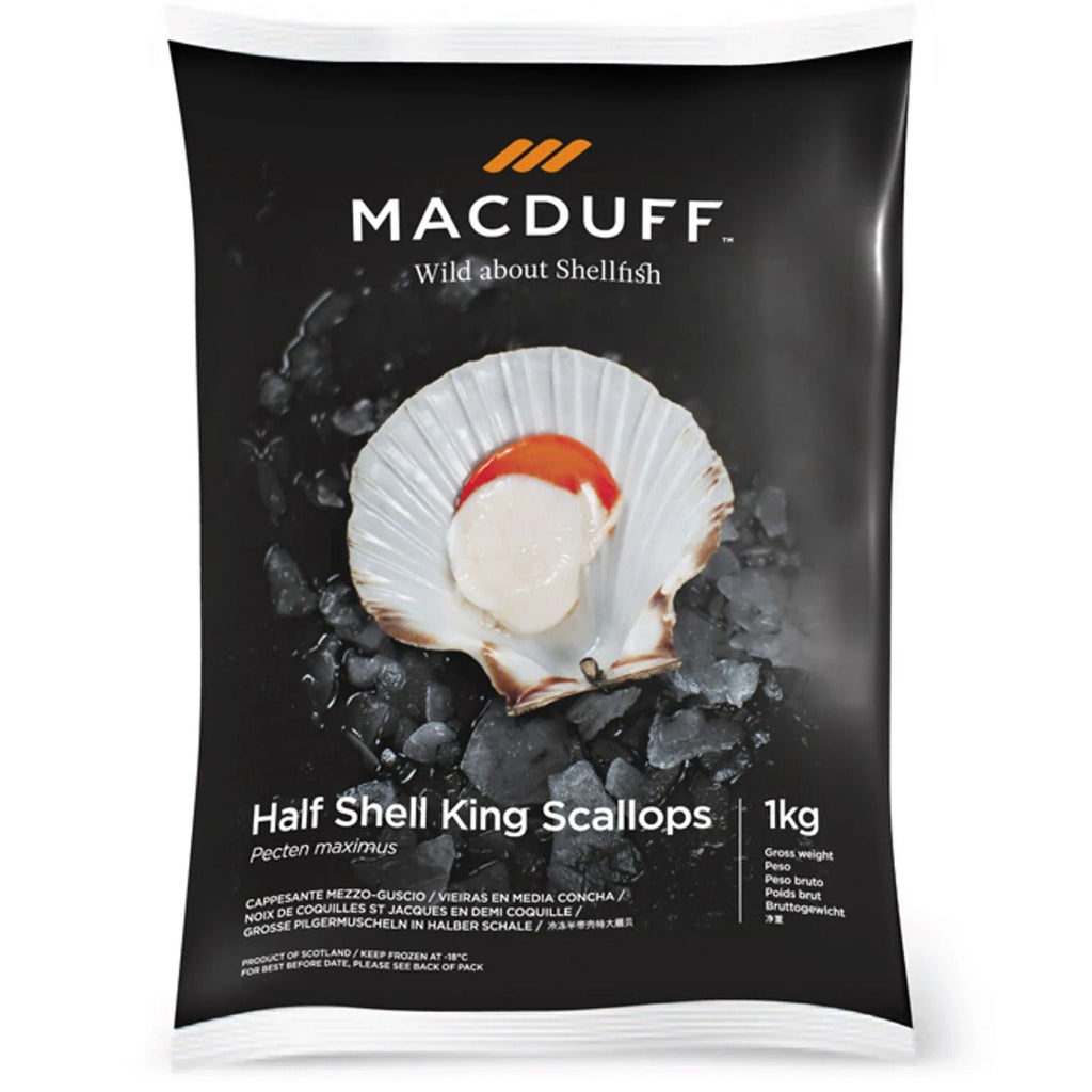 Macduff half shell king scallops packaging on a white background