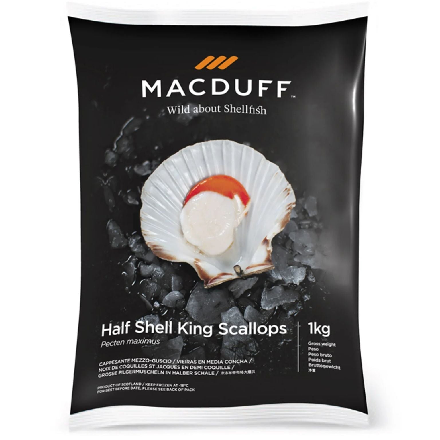 Macduff half shell king scallops packaging on a white background