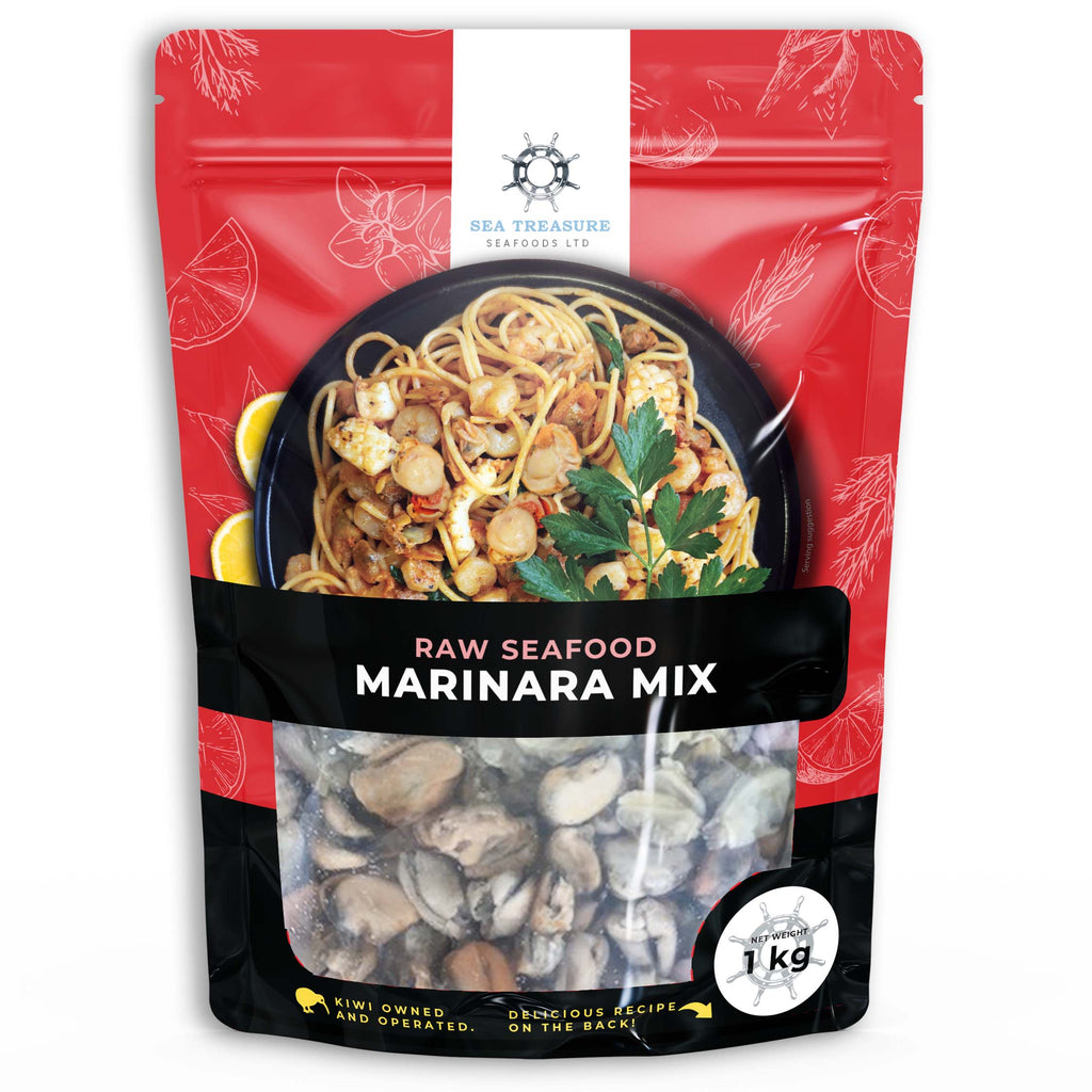 Package of raw seafood marinara mix with a red and black design on a white background